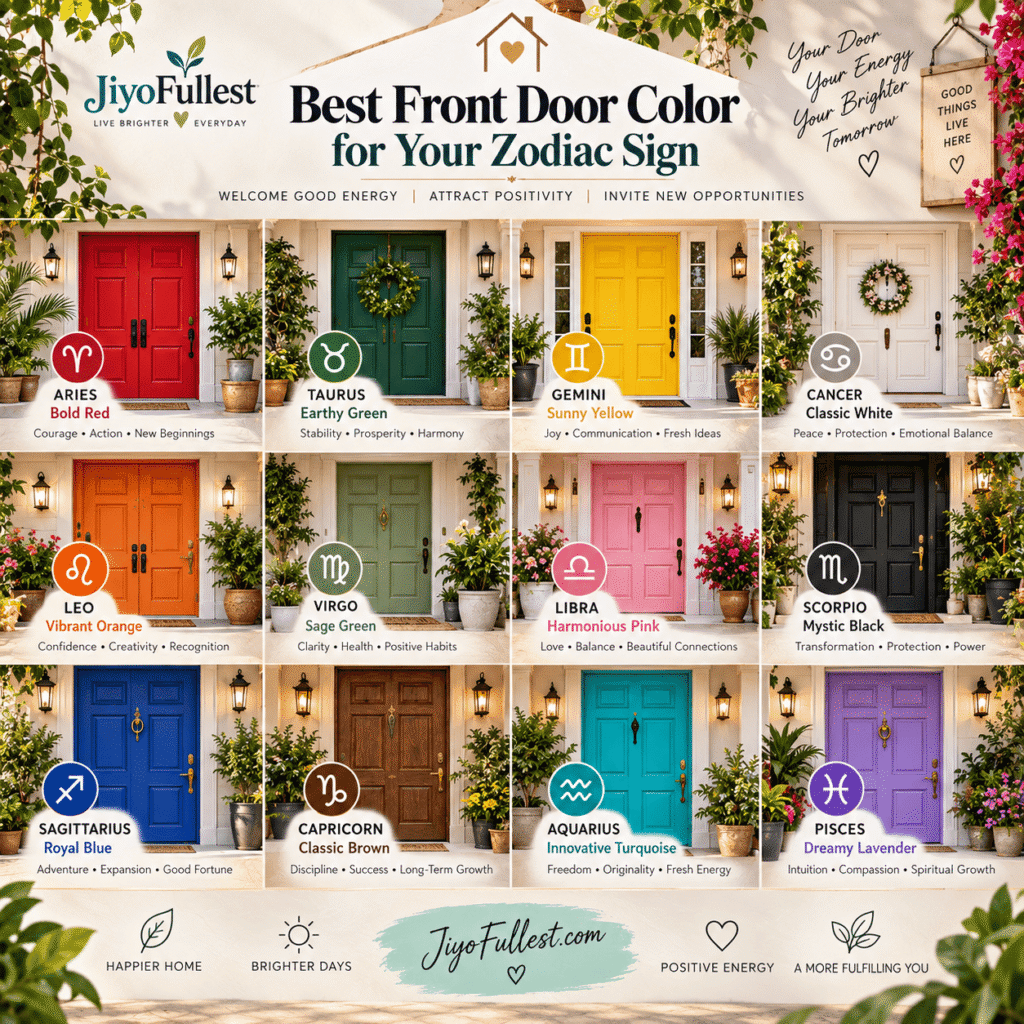 Best front door colors for all 12 zodiac signs chart, showing recommended entry door colors by element for Aries, Taurus, Gemini, Cancer, Leo, Virgo, Libra, Scorpio, Sagittarius, Capricorn, Aquarius, and Pisces