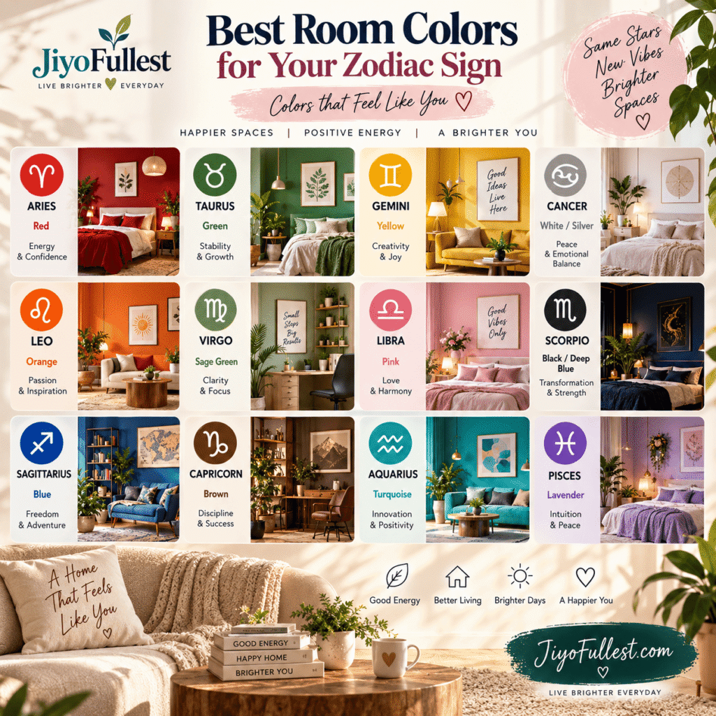 Best room colors for all 12 zodiac signs chart, showing recommended paint and decor colors by element for Aries, Taurus, Gemini, Cancer, Leo, Virgo, Libra, Scorpio, Sagittarius, Capricorn, Aquarius, and Pisces